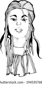 Vector. Sketch. Drawing made with gel pen and marker. The image of a girl, northern, viking, long hair, huntress, amazon. Black eyes, full lips. a stern look. Style. Original 