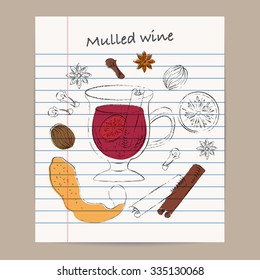 Vector sketch drawing set. Mulled wine ingredients on lined paper. Mulled wine glass, orange, peel, lemon slice, nutmeg, star anise, cinnamon stick, clove. Winter drink menu,