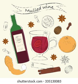 Vector sketch drawing set. Mulled wine ingredients. Red wine bottle, mulled wine glass, orange, peel, lemon slice, nutmeg, star anise, cinnamon stick, clove. Winter menu, Christmas background.