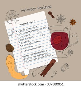Vector sketch drawing set. Mulled wine sketchbook style recipe on lined paper. Mulled wine glass, orange peel, lemon slice, nutmeg, star anise, cinnamon stick, clove.