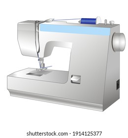 Vector sketch drawing of a sewing machine with threaded thread, image of a sewing mechanism