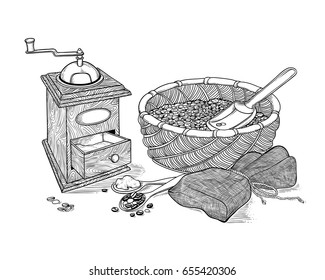 Vector sketch drawing vintage coffee grinder, ground coffee and beans. Wicker basket with grain and shovel, burlap sack tied with rope. Illustration black and white of ingraving style