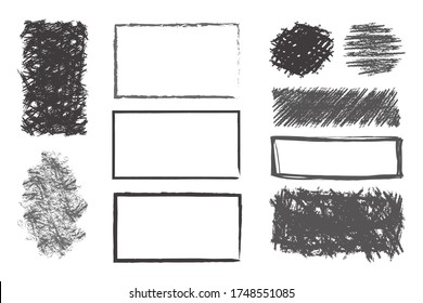 Vektorgrafik mit Stift oder Bleistift gezeichnet. Rahmen, Formen verschiedener Formen, die als Schriftzüge abgebildet sind. Stockfoto.
