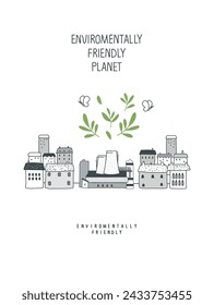 Vector  sketch of eco factory with green trees Illustration of Environmentally friendly planet. Eco city Consept. Protect the World from pollution and  Ecology industry and alternative energy concept.