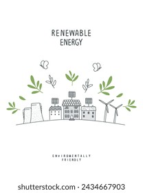 Vector  sketch of eco factory and houses with solar panels and wind energy resouces. Illustration of Environmentally friendly planet. Eco city Consept. Ecology industry and alternative energy concept.