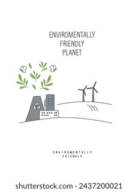 Vector sketch of eco factory with wind energy resouces. Illustration of Environmentally friendly planet. Eco city Consept. Ecology industry and alternative energy concept.