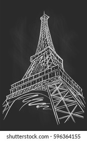 vector sketch of Eiffel tower on chalkboard background, Paris, France.