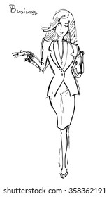 Vector sketch of the elegance business woman with laptop in her hand.