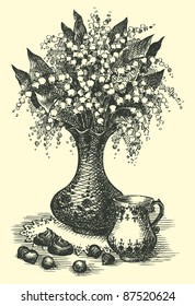 Vector Sketch elegant still life of vase of lilies and a cup of coffee with chocolates and hazelnuts