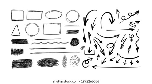 Vector sketch elements, hand drawn black doodles isolated on white background, sketchbook drawings, arrows and different symbols.