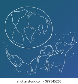 Vector Sketch with Elephant Family and the Earth  Creative illustration with white elephants silhouettes on blue background