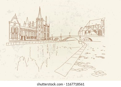Vector sketch of embankment Graslei and medieval buildings. Former center of the medieval harbor. Ghent, Belgium.