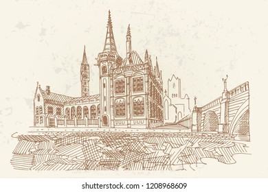 Vector sketch of embankment Graslei and medieval buildings. Former center of the medieval harbor. Ghent, Belgium. Retro style.
