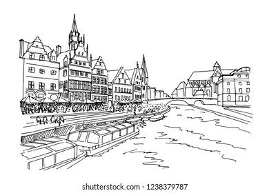 Vector sketch of embankment Graslei and medieval buildings. Former center of the medieval harbor. Ghent, Belgium.