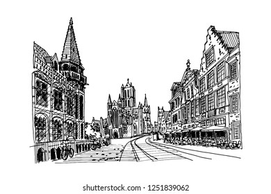 Vector sketch of embankment Graslei and medieval buildings. Former center of the medieval harbor. Ghent, Belgium.