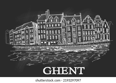 Vector sketch of embankment Graslei and medieval buildings. Former center of the medieval harbor. Ghent, Belgium.
