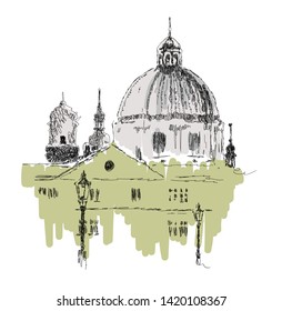 Vector sketch of European buildings, landmark, hand drawn illustration on white background