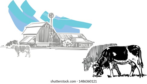 the vector sketch of a farmhouse on background  with the cows in front of