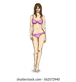 Vector Sketch Fashion Female Model in Underwear.