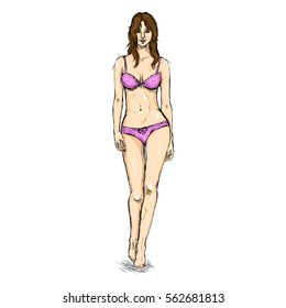 Vector Sketch Fashion Female Model in Underwear.