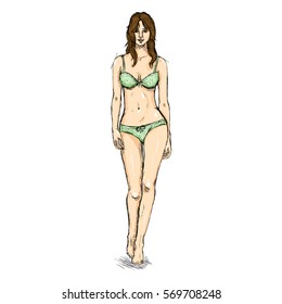 Vector Sketch Fashion Female Model in Underwear.