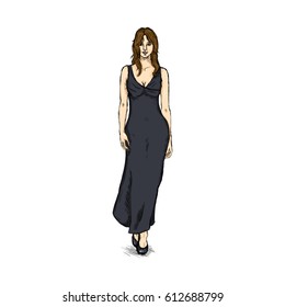 Vector Sketch Fashion Female Model in Long Dress