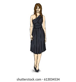 Vector Sketch Fashion Female Model in Dress.