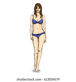 Vector Sketch Fashion Female Model in Underwear.