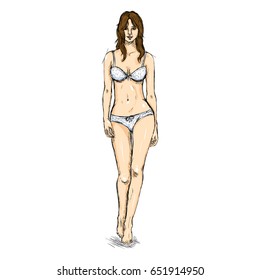 Vector Sketch Fashion Female Model in Underwear.