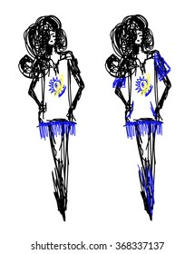 Vector sketch of fashion model with curly hair. Woman wearing a fashionable boho-chic tunic with fringe