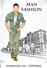 Vector sketch of fashionable man, the background