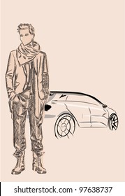 Vector sketch of fashionable man, the background