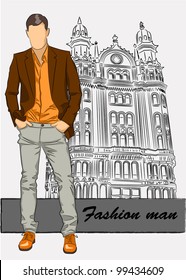 Vector sketch of fashionable man, the background