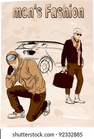Vector sketch of fashionable men, the background