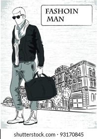 Vector sketch of fashionable men on city background