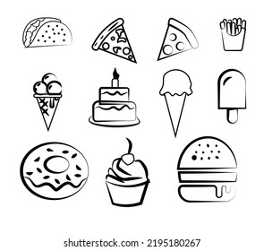 Vector sketch of Fast Food Burger, ice cream, donuts, and more for icon