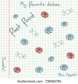 Vector of sketch fast food. Doodle food icons. Hand drawn illustrations on a sheet of exercise book. Blue pen drawing with red details