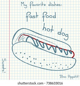Vector of sketch fast food. Doodle food icons. Hand drawn illustrations on a sheet of exercise book. Blue pen drawing with red details
