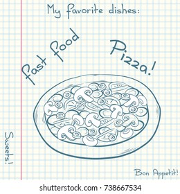 Vector of sketch fast food. Doodle food icon. Hand drawn illustrations on a sheet of exercise book. Blue pen drawing