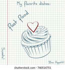 Vector of sketch fast food. Doodle food icon. Hand drawn illustrations on a sheet of exercise book. Blue pen drawing cake