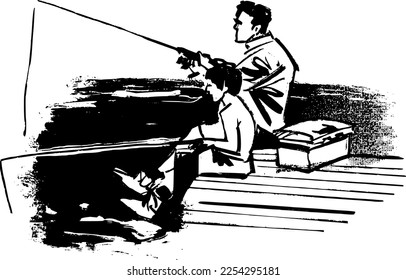 vector sketch father and son doing fishing