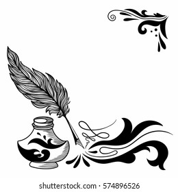 Vector Sketch with Feather and Inkstand | Vintage card with old ink pen and bottle silhouettes