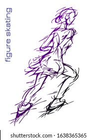 Vector sketch with a female figure skater on skates in motion. Hand-drawn athlete engaged in figure skating. Drawing with rough shading. The girl is engaged in sports on ice.