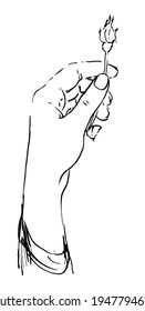 Vector sketch of a female hand holding a rosebud black line on a white background. isolated palm element with flower side view symbol of femininity for a hand drawn design template