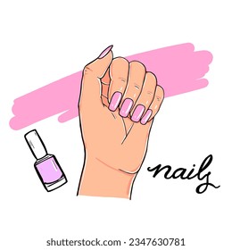 Vector sketch of a female hand with pink nails. Female hand manicure