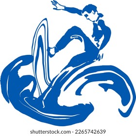 vector sketch of female surfers on the top blue surface of ocean water