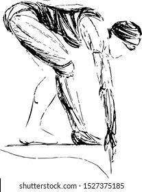 Vector sketch of a female swimmer in start position before diving. Hand-drawn ink lines emphasize athletic form, focus, and body tension before water entry.