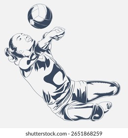 Vector sketch of female volleyball player diving to dig, hand drawn athletic illustration