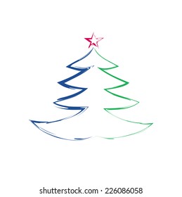 Vector sketch of fir tree on white background. Christmas tree and red star.