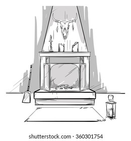 Vector Sketch Fireplace With Candles And Skull